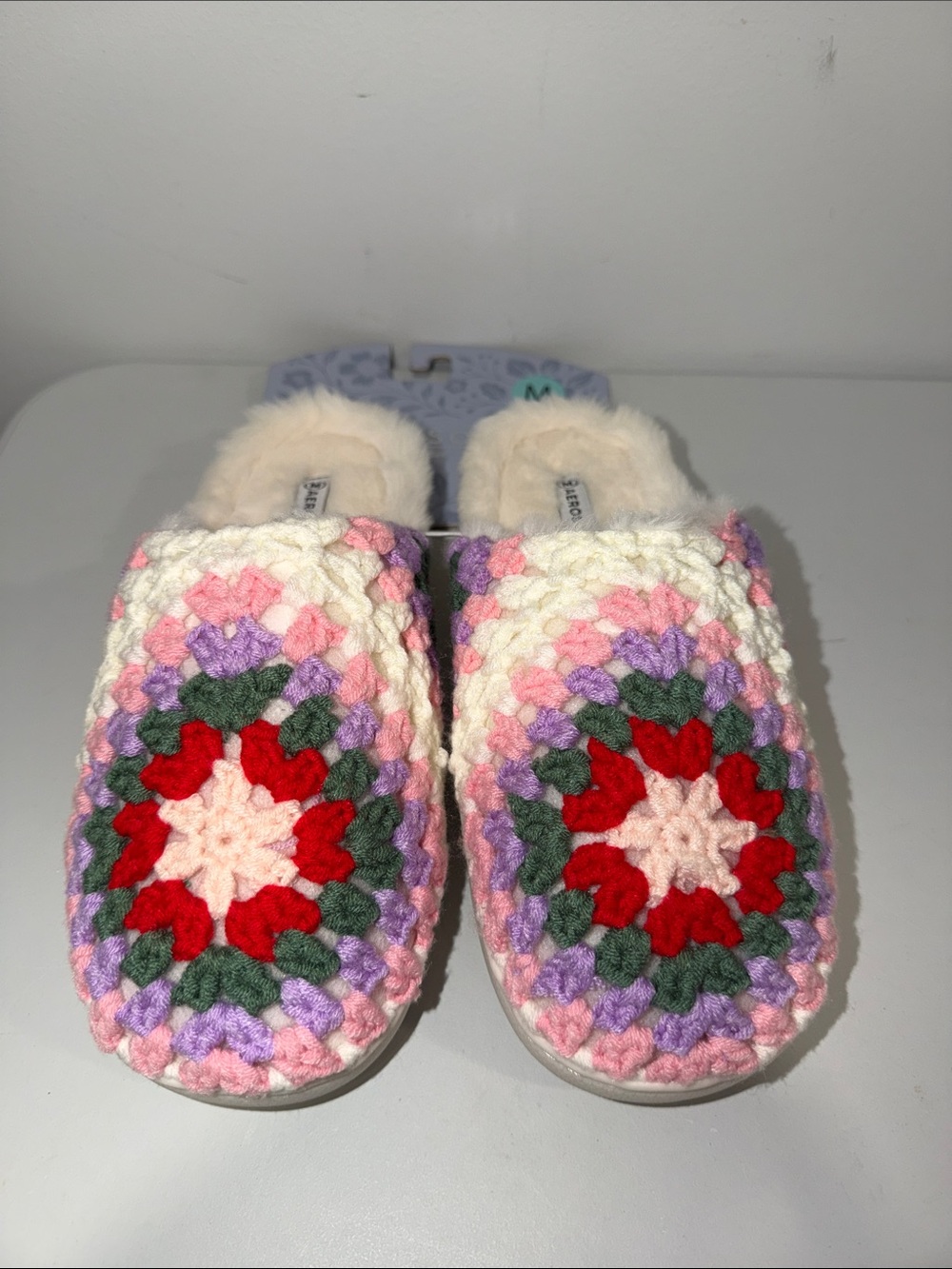 AEROSOLES Memory Foam Granny Crochet Faux Sherpa Lined Slippers